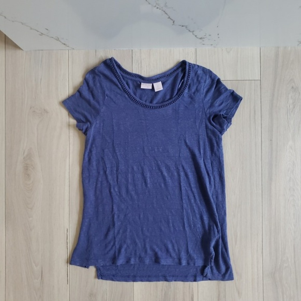 St Tropez West Shirt Womens L Blue Linen Crochet Trim Short Sleeve Top